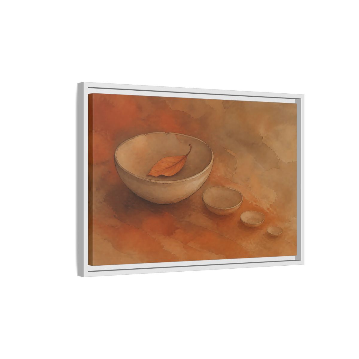 Side Mockup 1. Bowl With Curled Leaf shown as framed canvas print