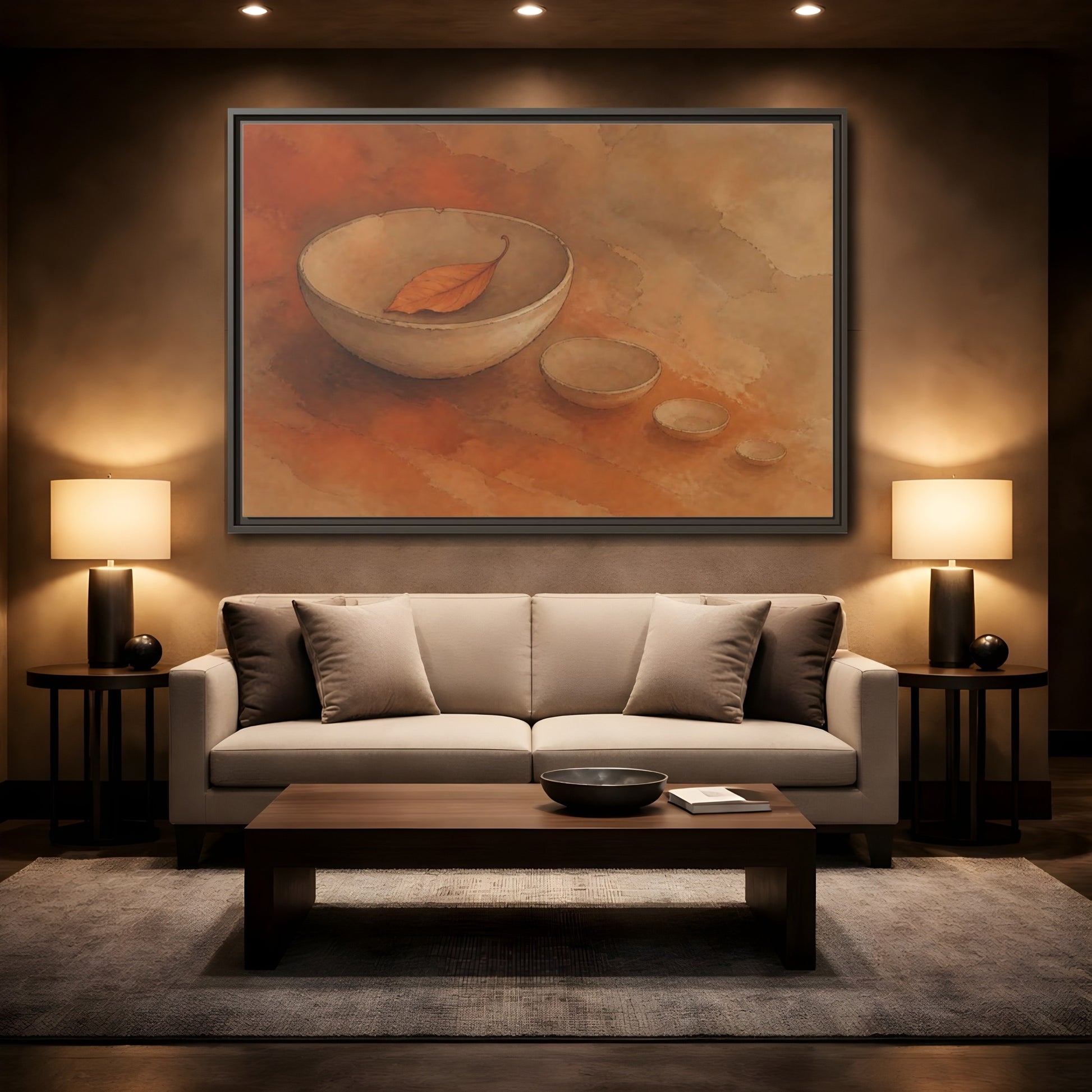 Mockup 2. Bowl With Curled Leaf shown as framed canvas print