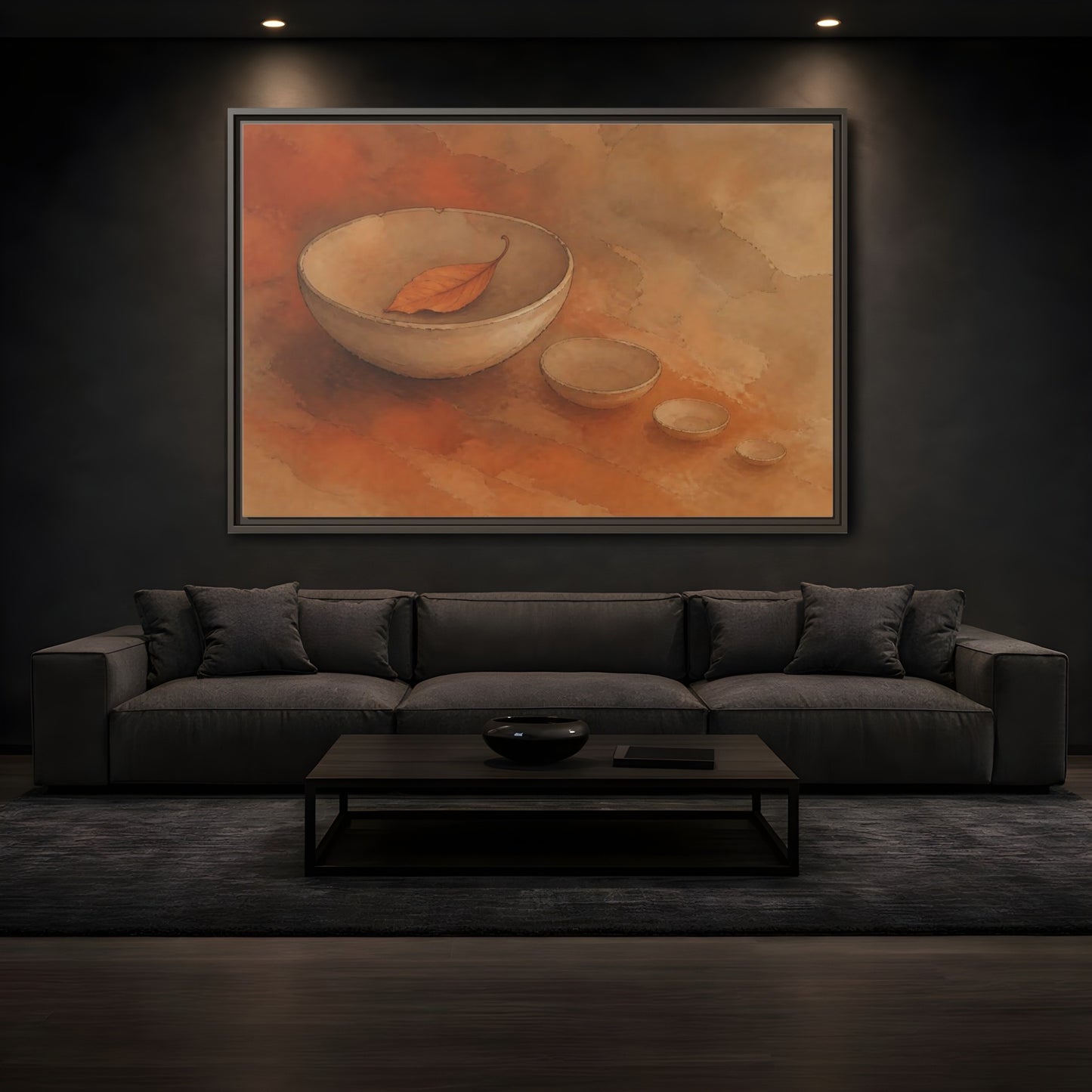 Mockup 3. Bowl With Curled Leaf shown as framed canvas print