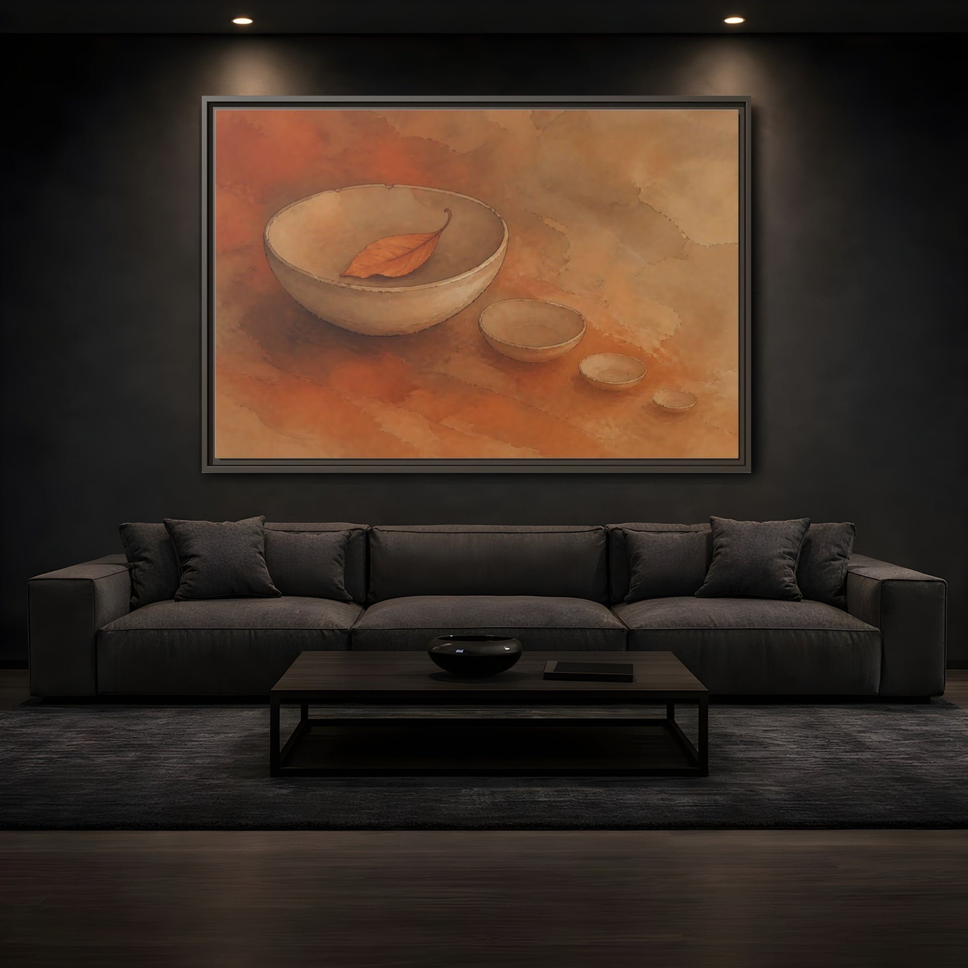 Mockup 3. Bowl With Curled Leaf shown as framed canvas print