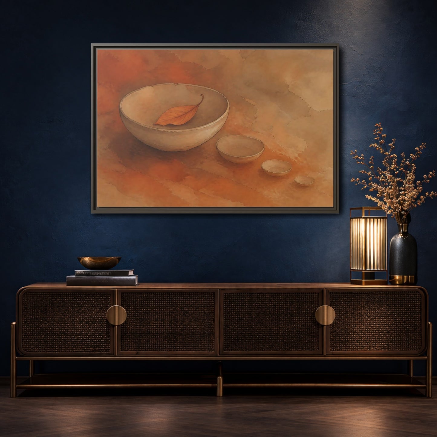 Mockup 4. Bowl With Curled Leaf shown as framed canvas print