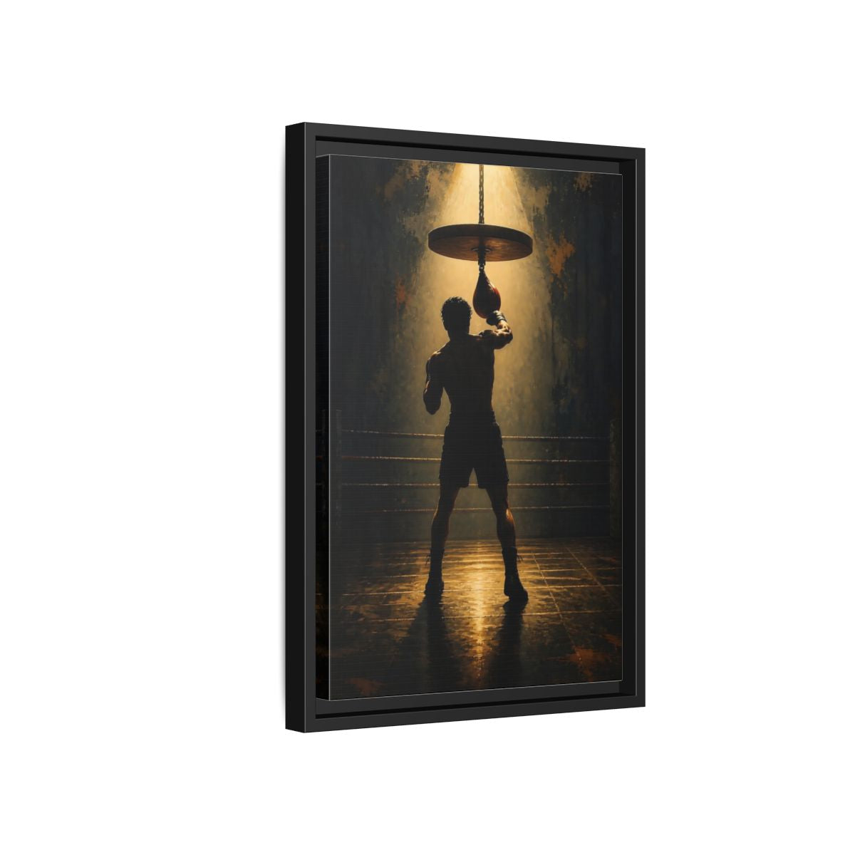Side Mockup 6. Boxer Under Spotlight shown as framed canvas print