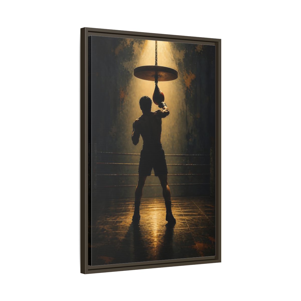 Side Mockup 11. Boxer Under Spotlight shown as framed canvas print