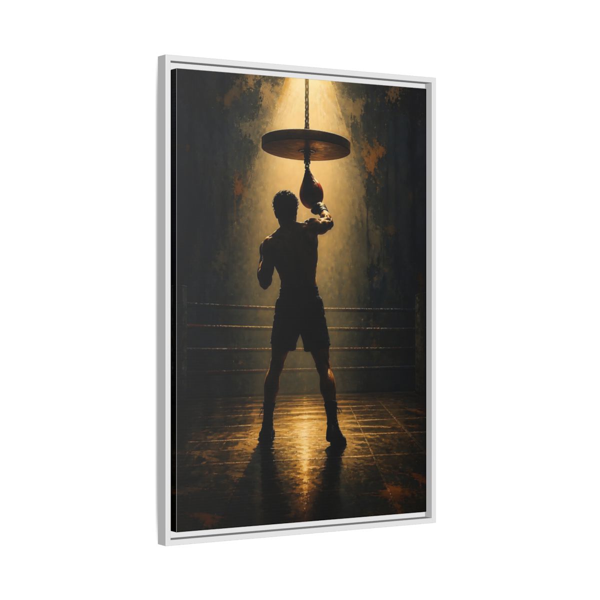 Side Mockup 9. Boxer Under Spotlight shown as framed canvas print