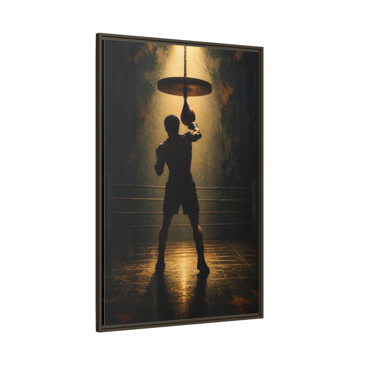 Side Mockup 8. Boxer Under Spotlight shown as framed canvas print
