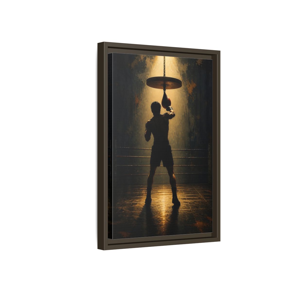 Side Mockup 5. Boxer Under Spotlight shown as framed canvas print