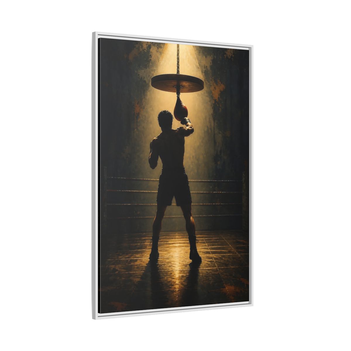 Side Mockup 7. Boxer Under Spotlight shown as framed canvas print