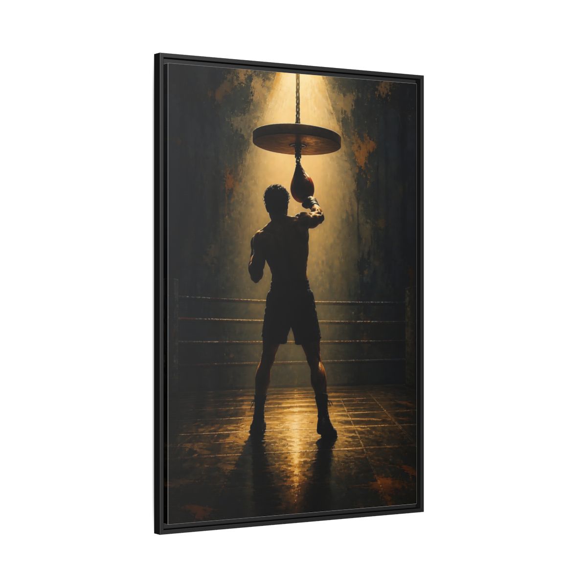 Side Mockup 12. Boxer Under Spotlight shown as framed canvas print