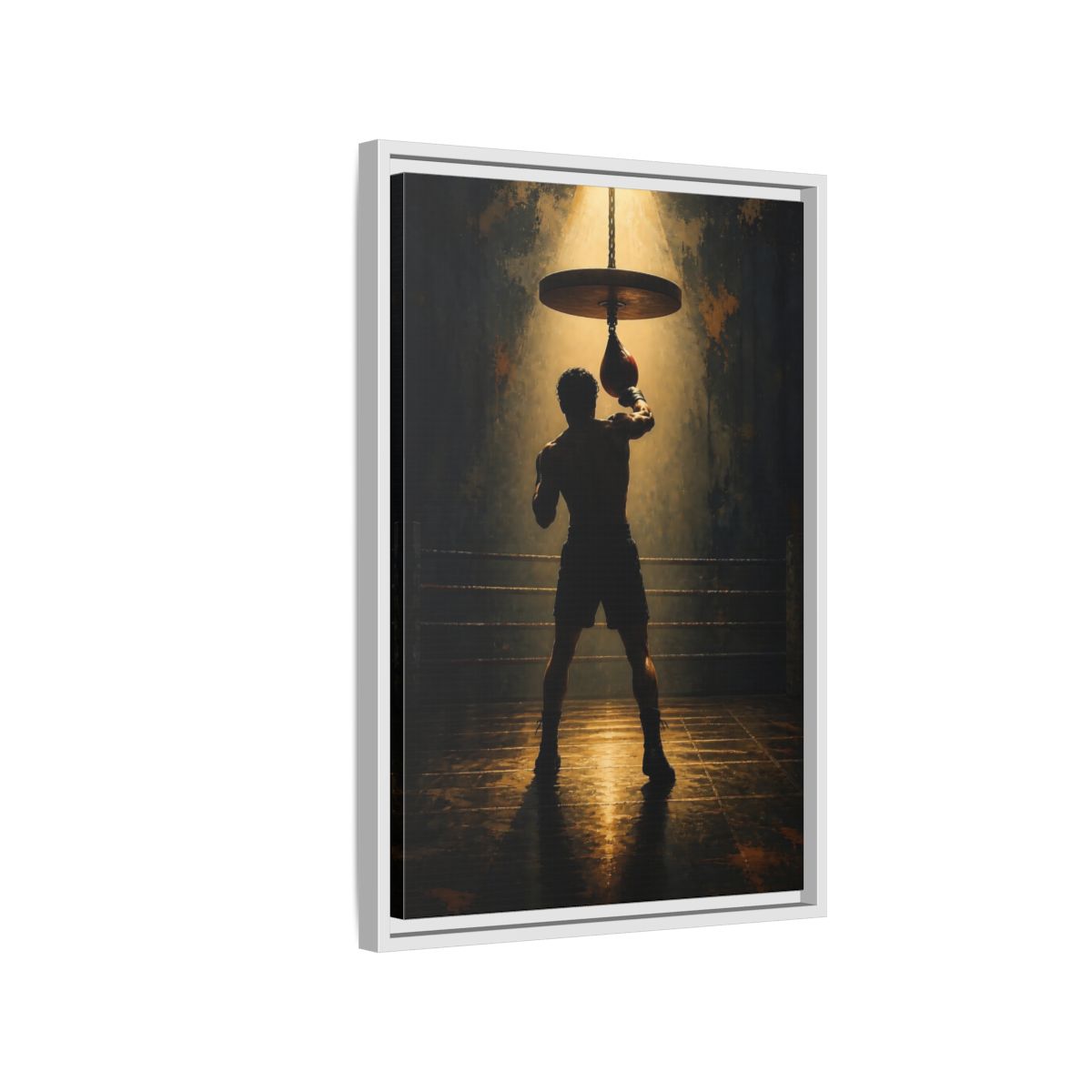 Side Mockup 1. Boxer Under Spotlight shown as framed canvas print