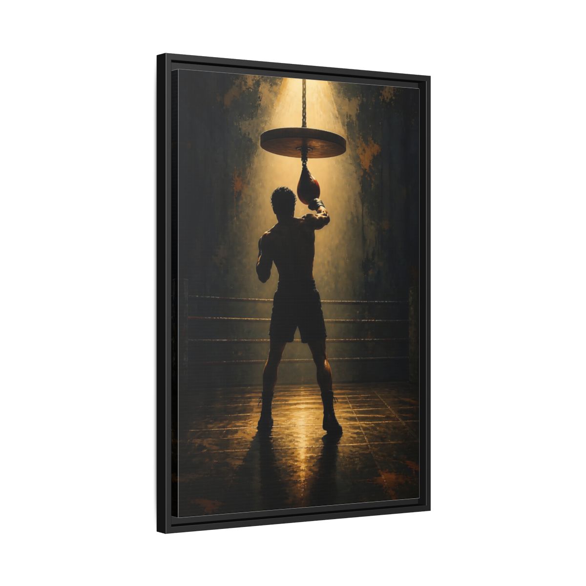 Side Mockup 14. Boxer Under Spotlight shown as framed canvas print