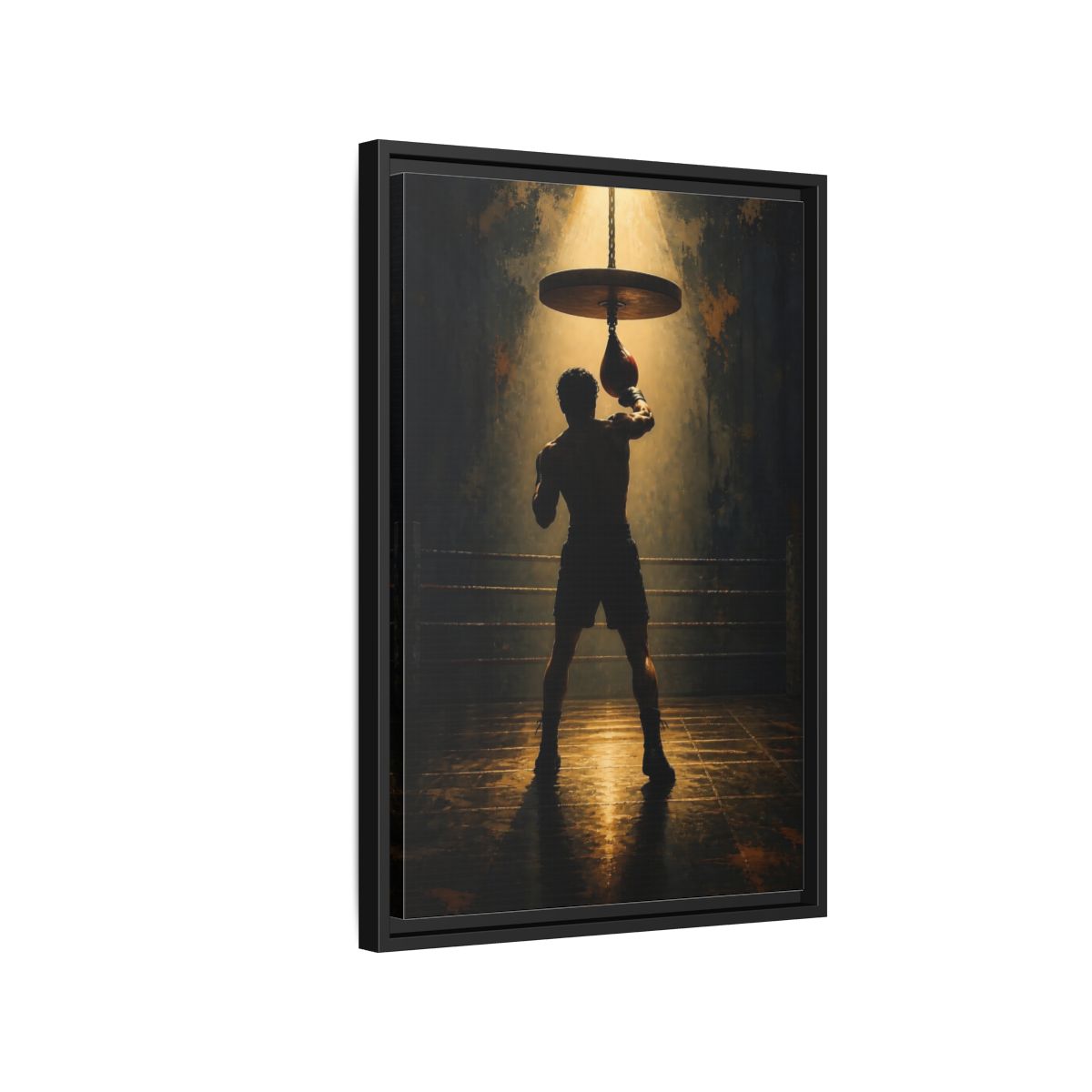 Side Mockup 3. Boxer Under Spotlight shown as framed canvas print
