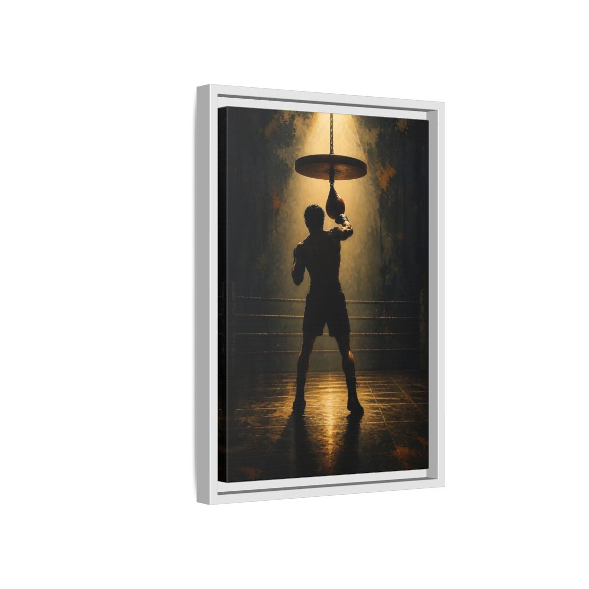 Side Mockup 4. Boxer Under Spotlight shown as framed canvas print