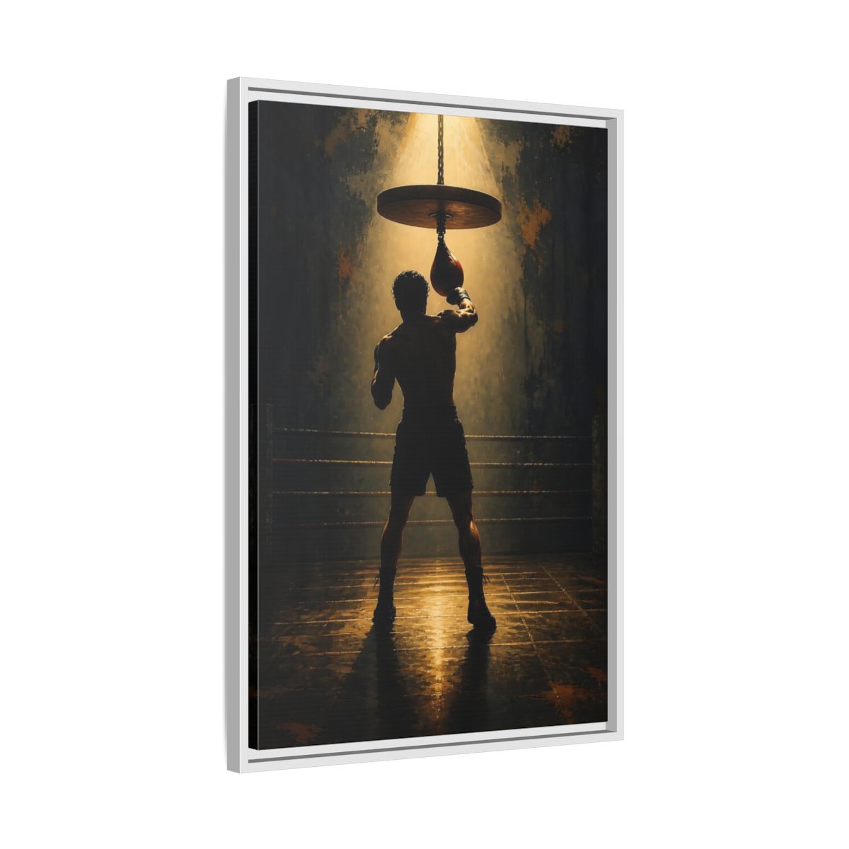 Side Mockup 10. Boxer Under Spotlight shown as framed canvas print