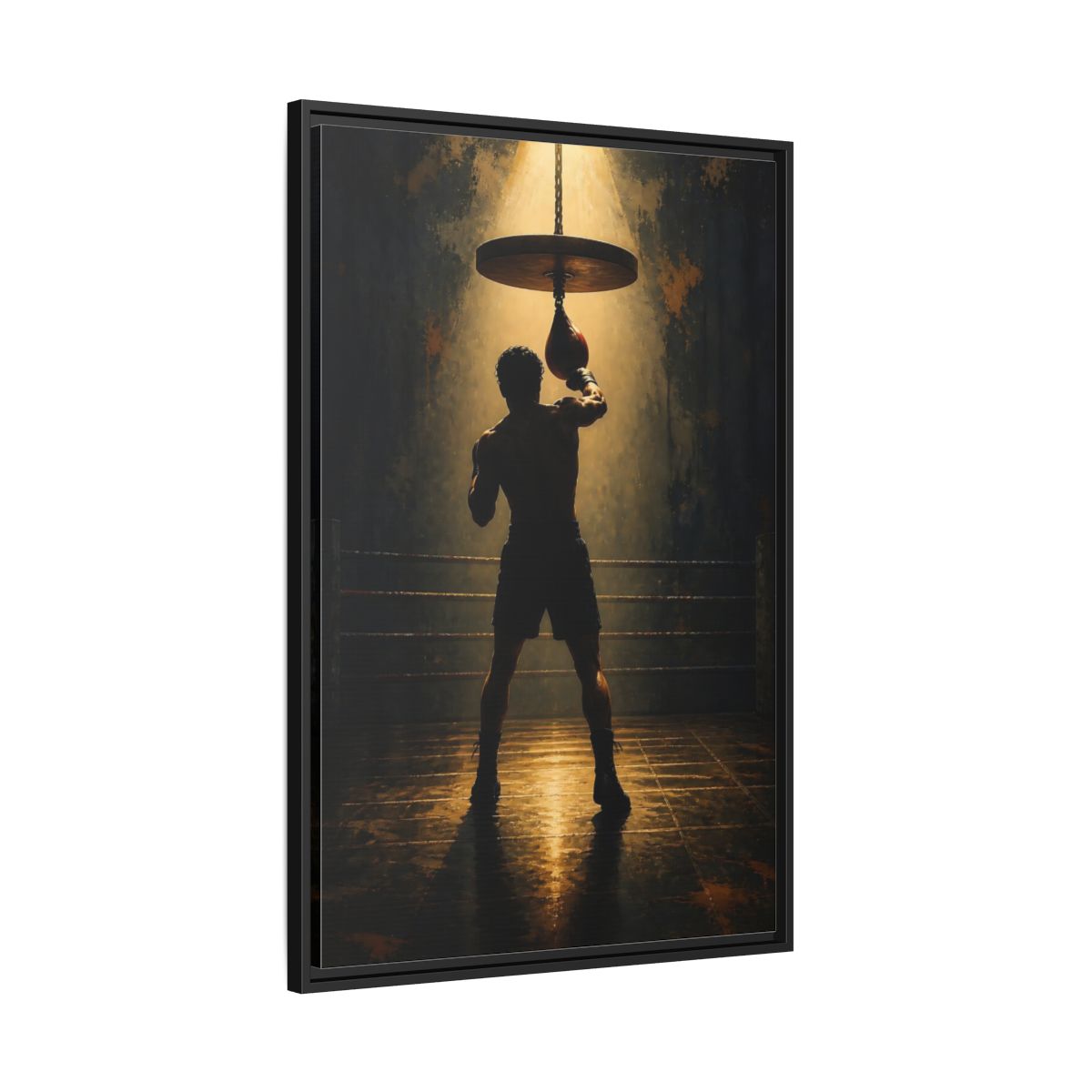 Side Mockup 13. Boxer Under Spotlight shown as framed canvas print