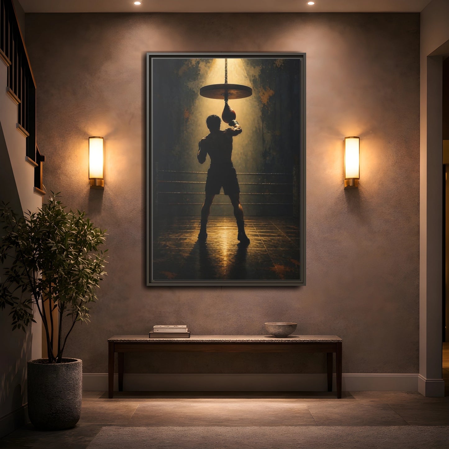 Mockup 2. Boxer Under Spotlight shown as framed canvas print