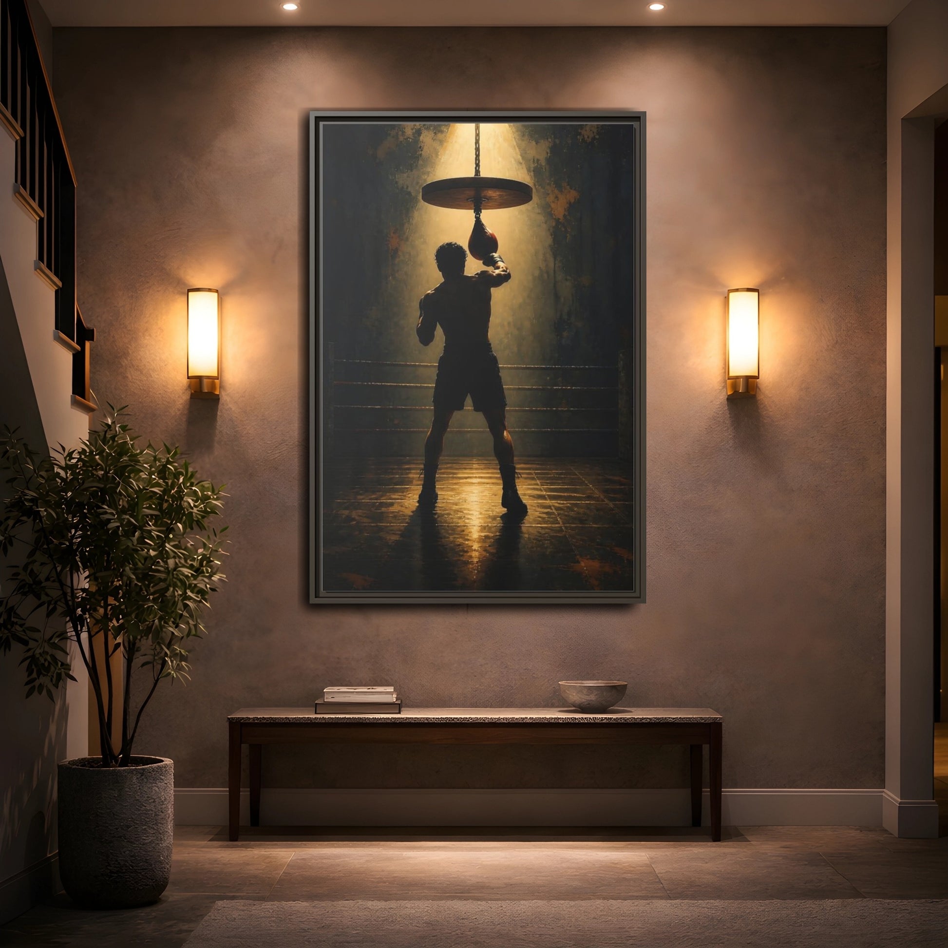 Mockup 2. Boxer Under Spotlight shown as framed canvas print