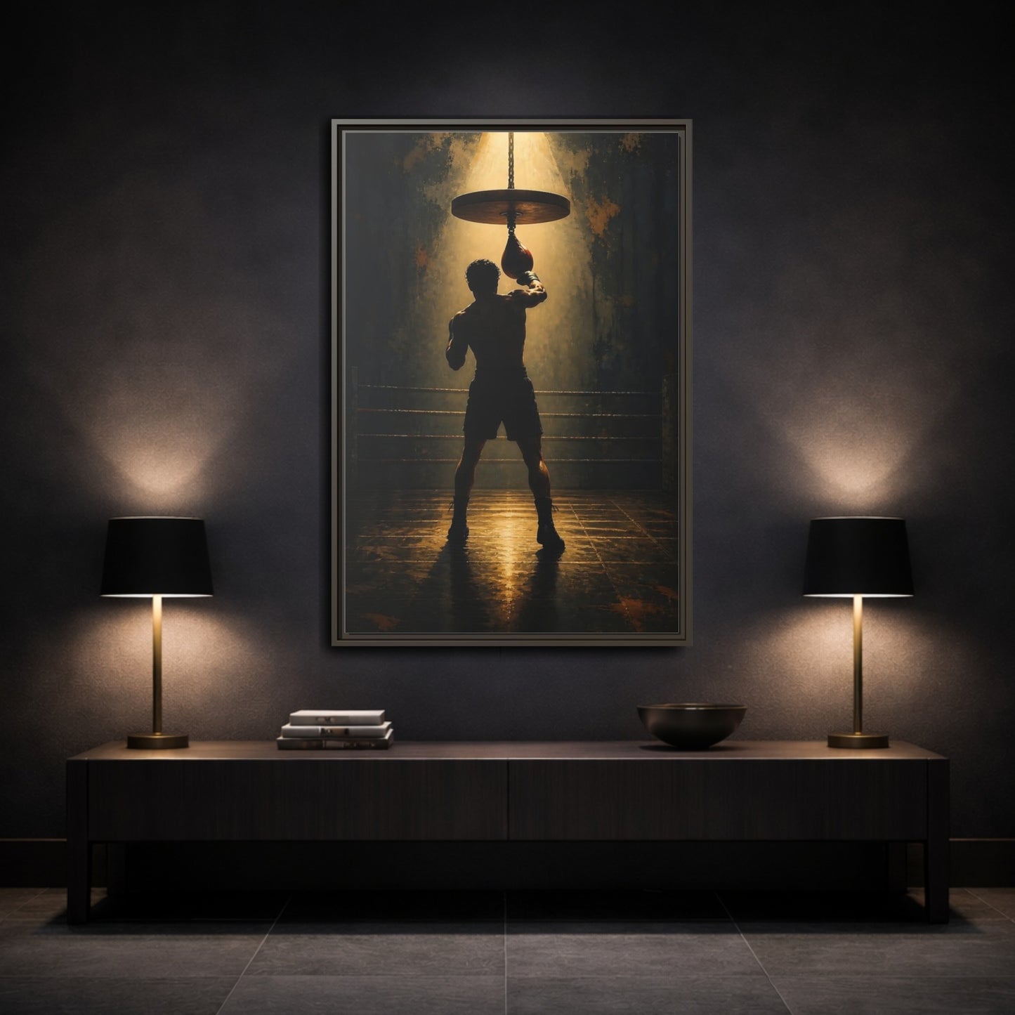 Mockup 3. Boxer Under Spotlight shown as framed canvas print