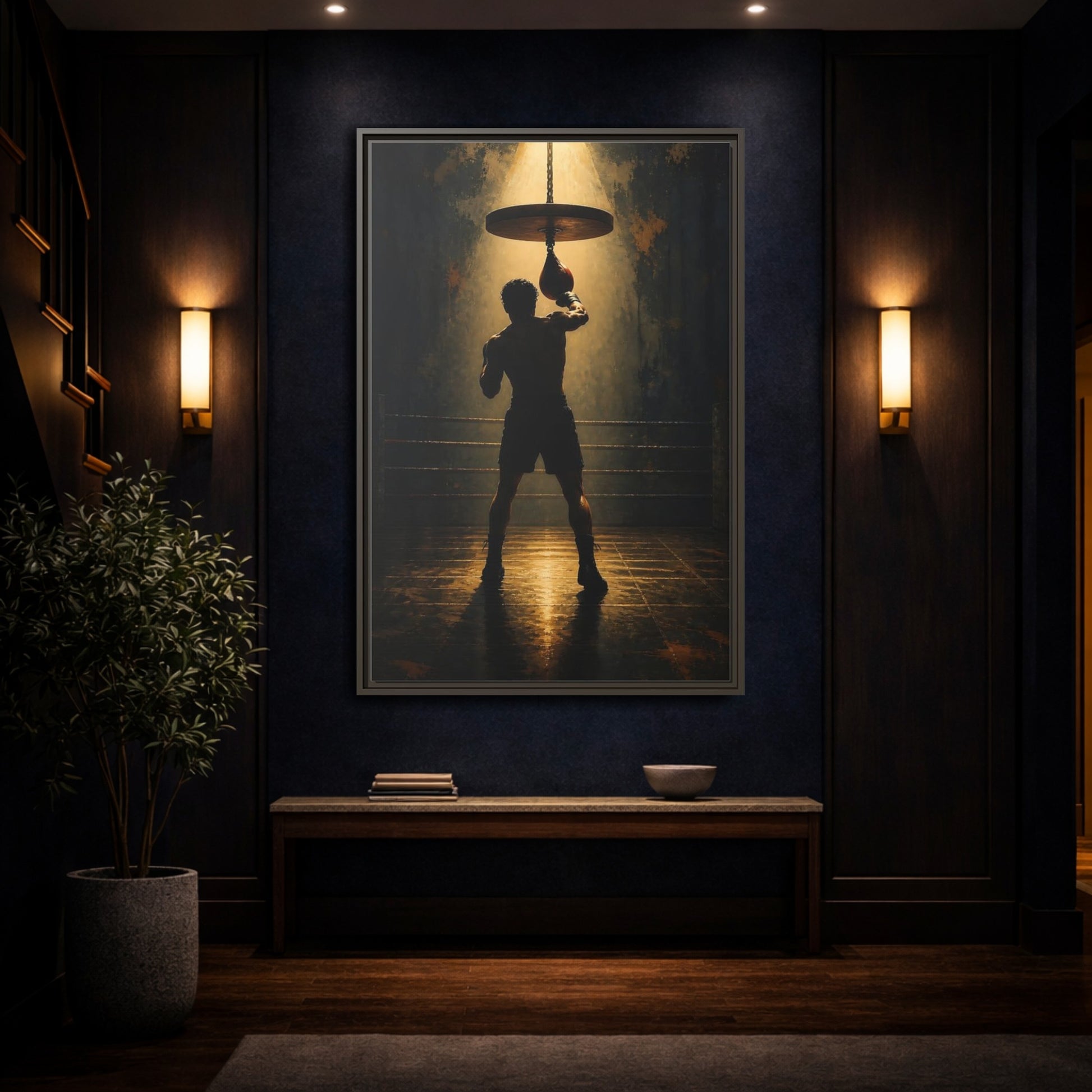 Mockup 4. Boxer Under Spotlight shown as framed canvas print