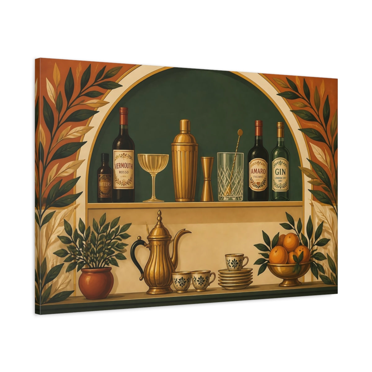 Main Mockup. Brass Coffee & Bar Shelf shown as canvas print