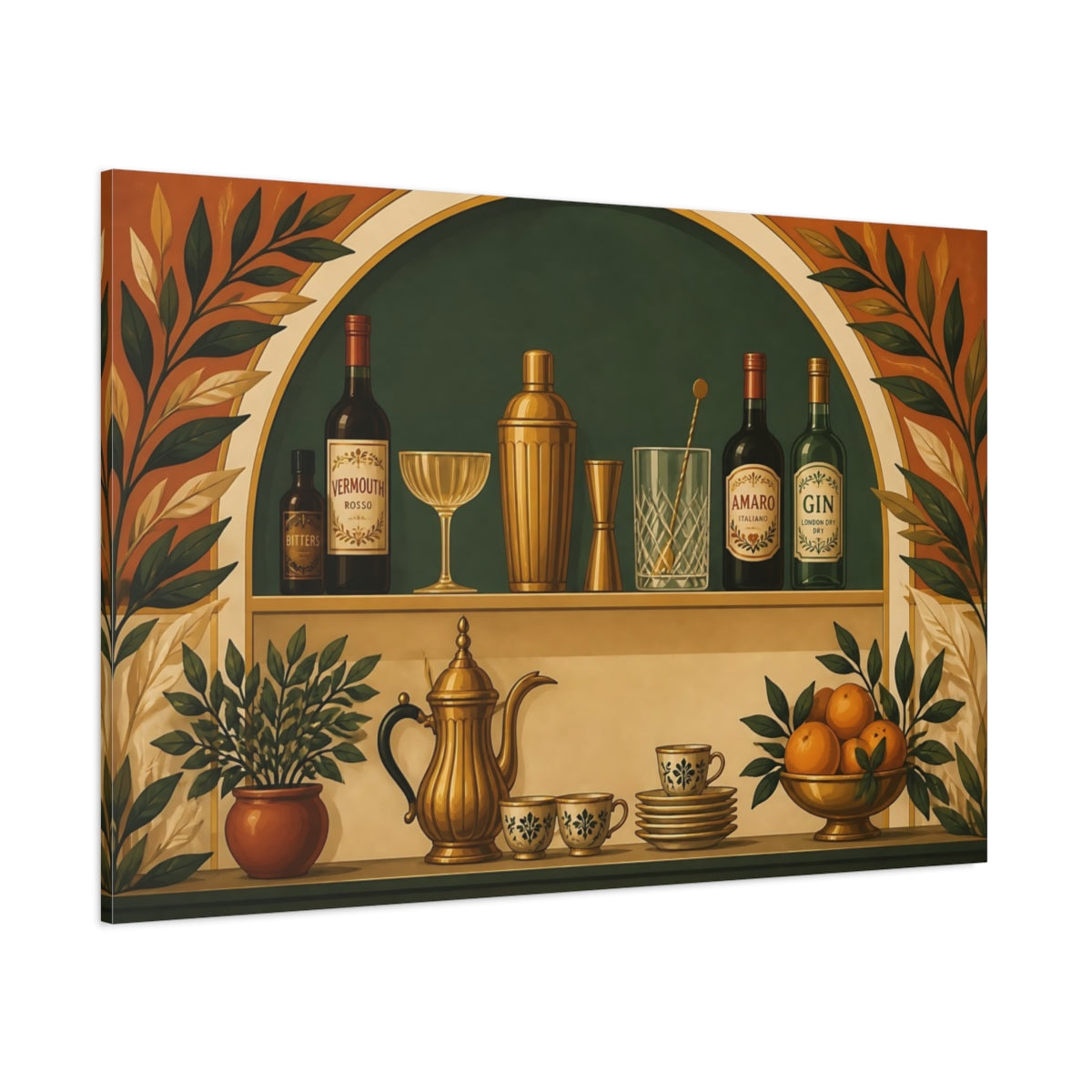 Side Mockup 1. Brass Coffee & Bar Shelf shown as canvas print