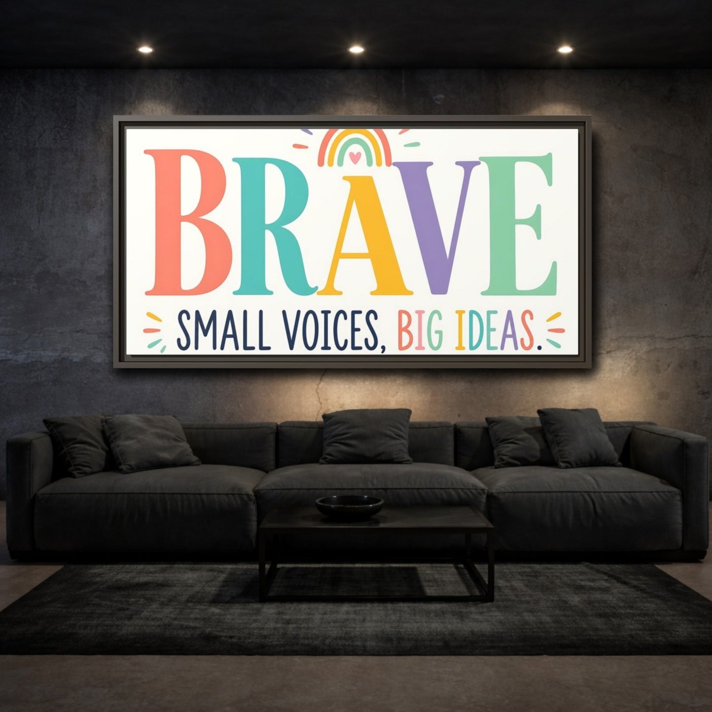 Mockup 3. Brave Small Voices Big Ideas shown as framed canvas print