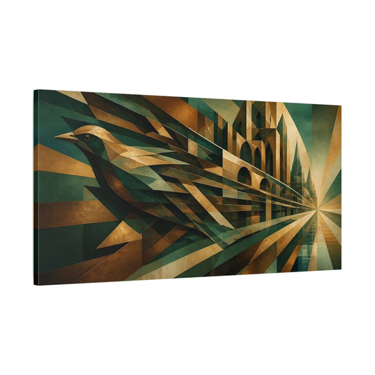 Main Mockup. Bronze Jade Geometric Bird shown as canvas print