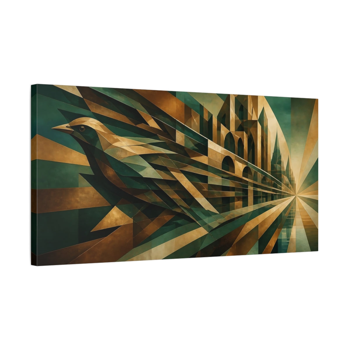 Side Mockup 1. Bronze Jade Geometric Bird shown as canvas print