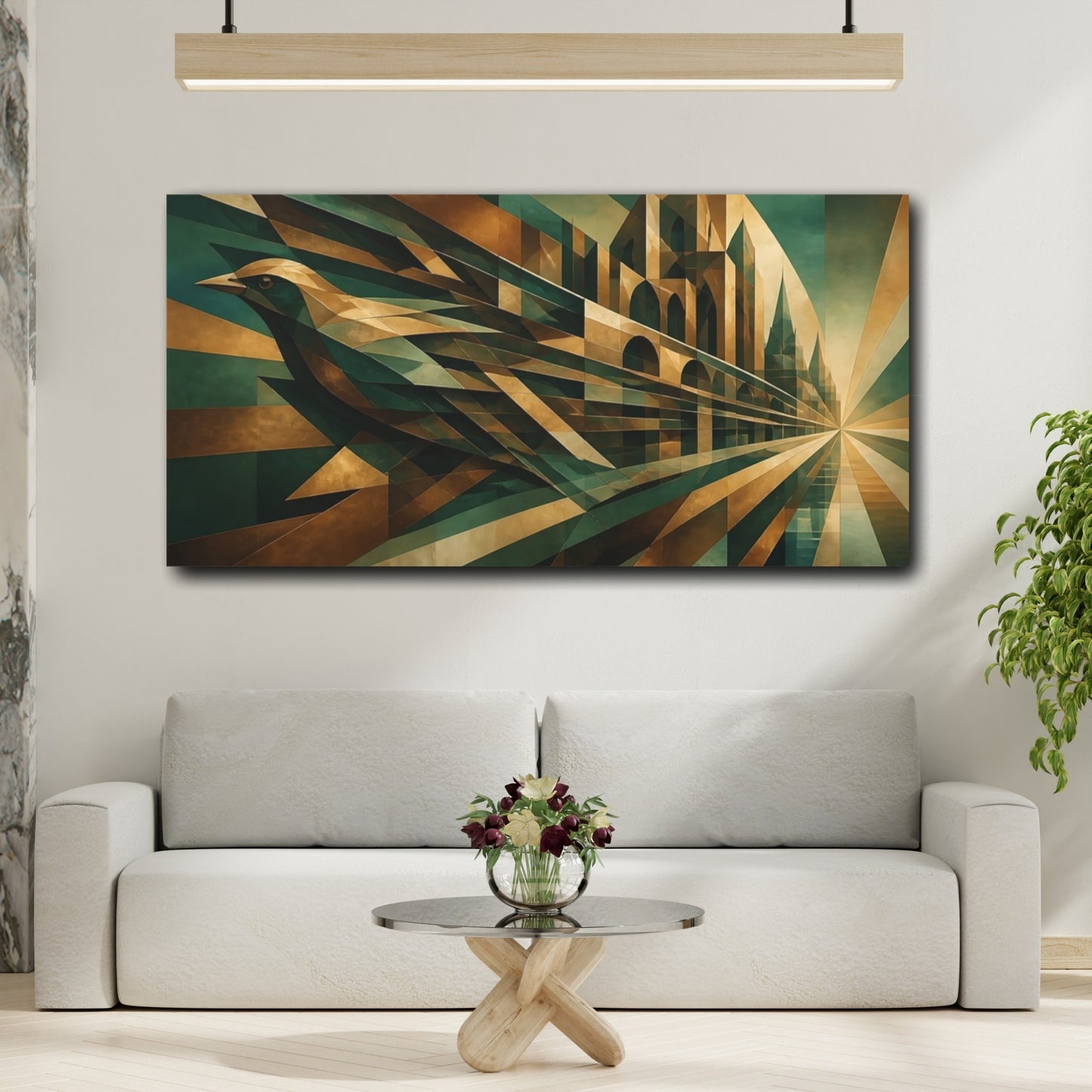 Mockup 2. Bronze Jade Geometric Bird shown as canvas print