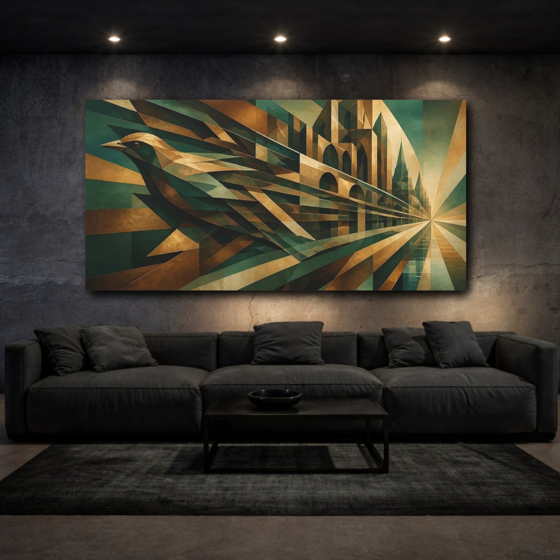 Mockup 3. Bronze Jade Geometric Bird shown as canvas print