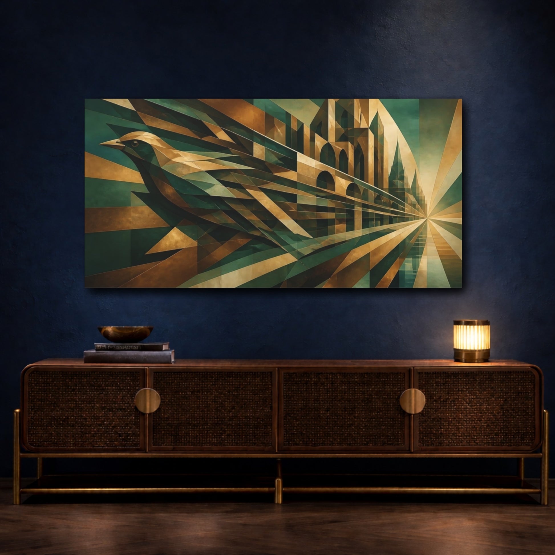 Mockup 4. Bronze Jade Geometric Bird shown as canvas print