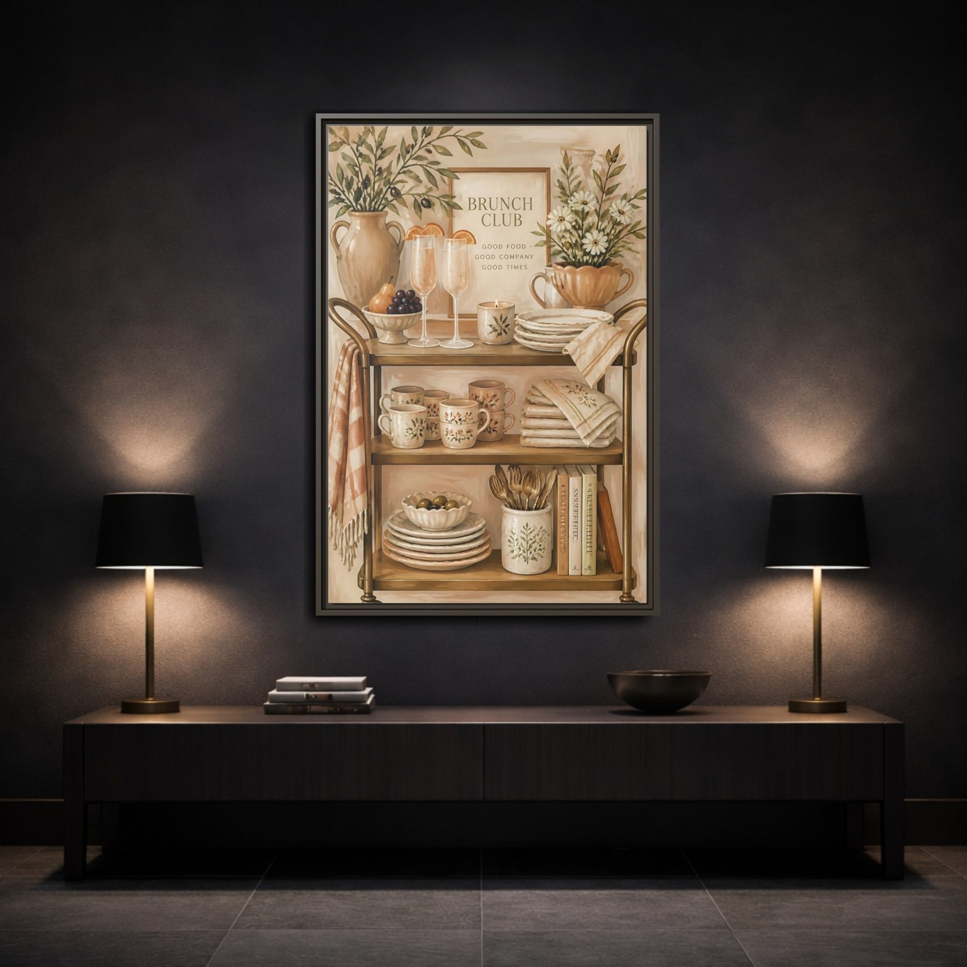 Mockup 3. Brunch Club Shelf shown as framed canvas print