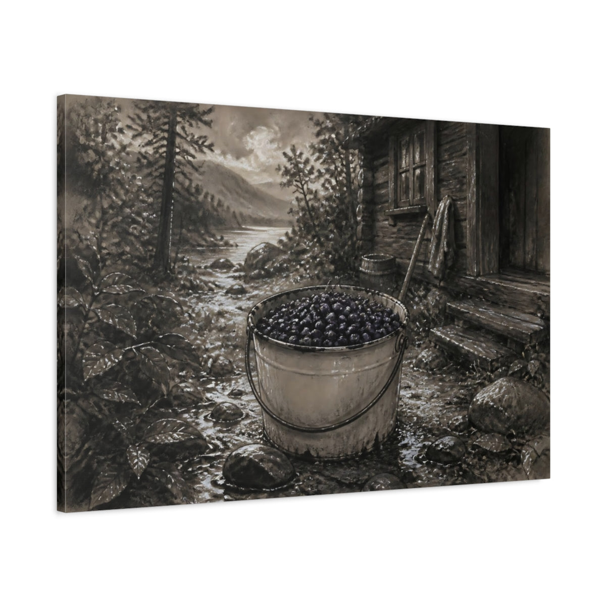Main Mockup. Bucket Of Huckleberries By Cabin shown as canvas print