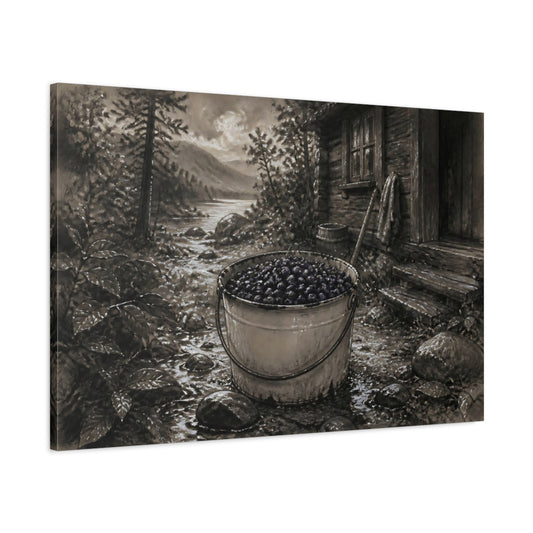 Main Mockup. Bucket Of Huckleberries By Cabin shown as canvas print