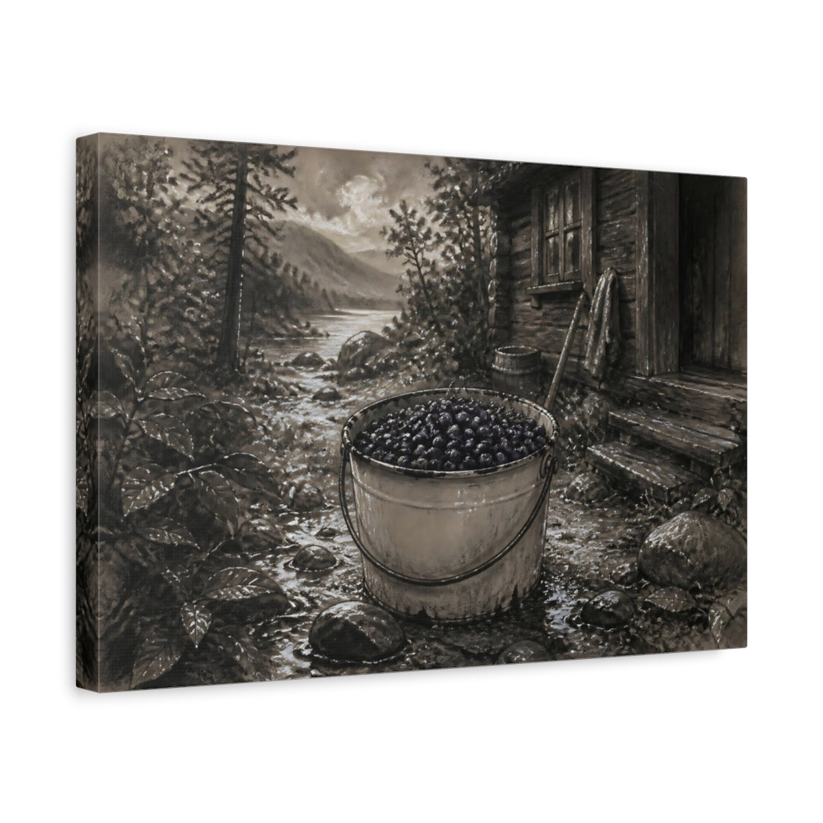Side Mockup 4. Bucket Of Huckleberries By Cabin shown as canvas print