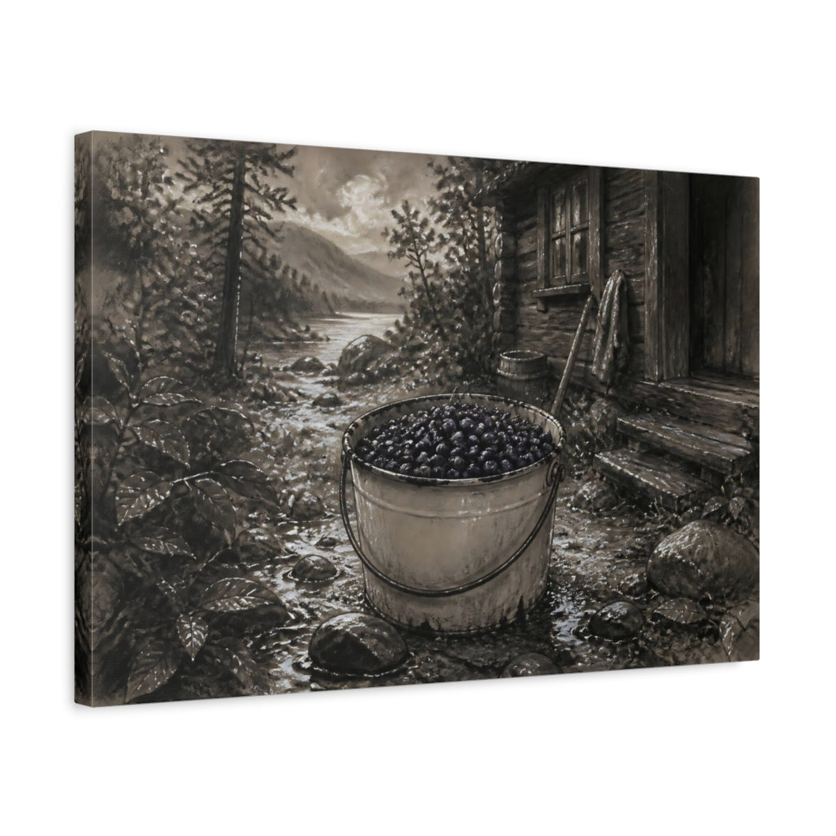 Side Mockup 3. Bucket Of Huckleberries By Cabin shown as canvas print