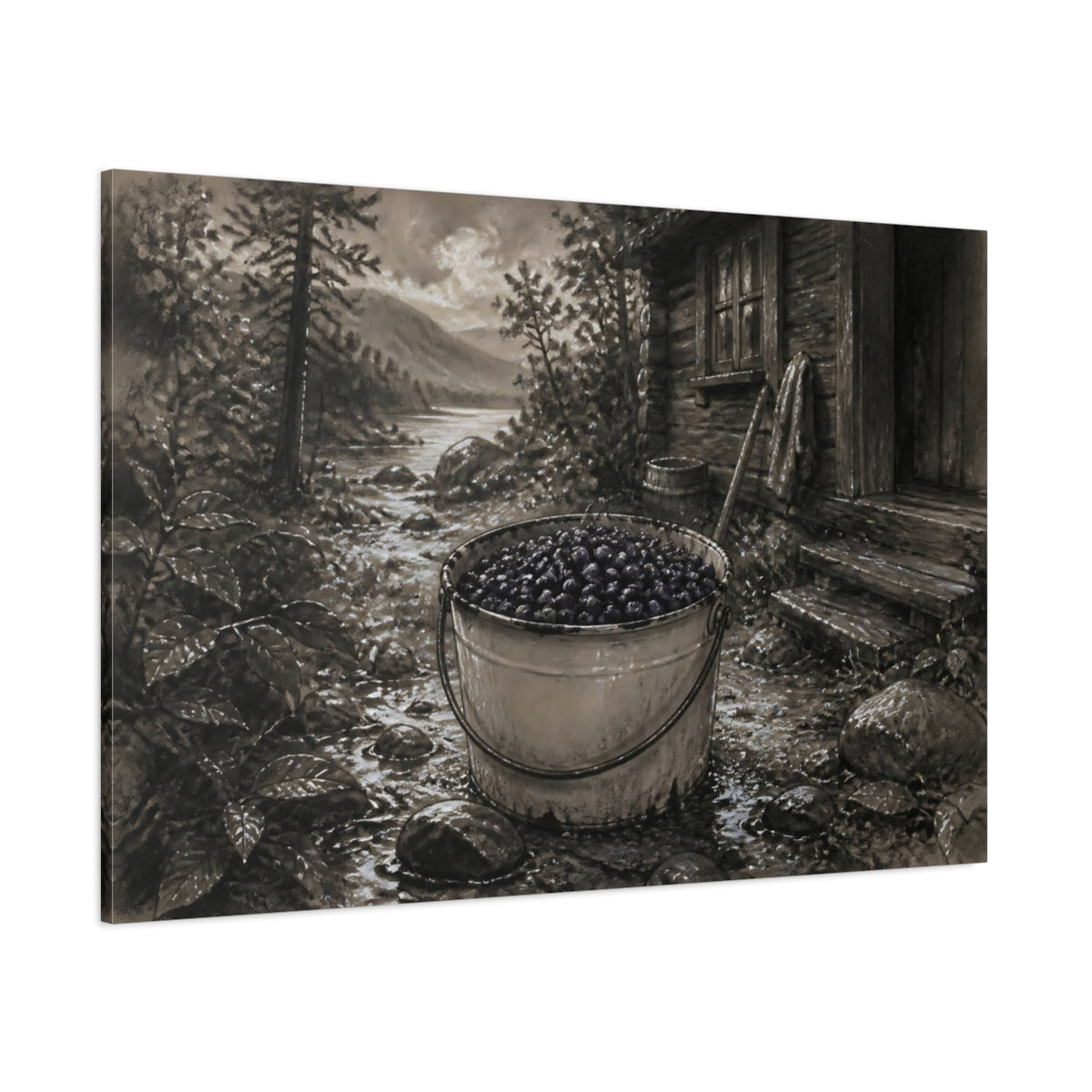 Side Mockup 1. Bucket Of Huckleberries By Cabin shown as canvas print