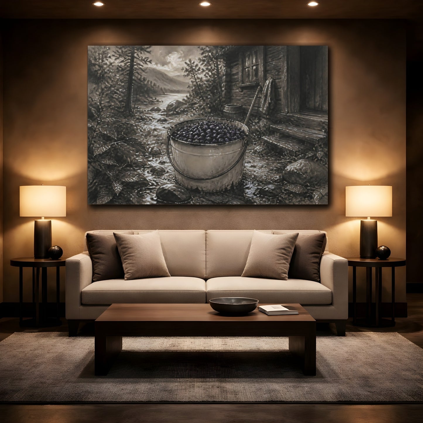 Mockup 2. Bucket Of Huckleberries By Cabin shown as canvas print