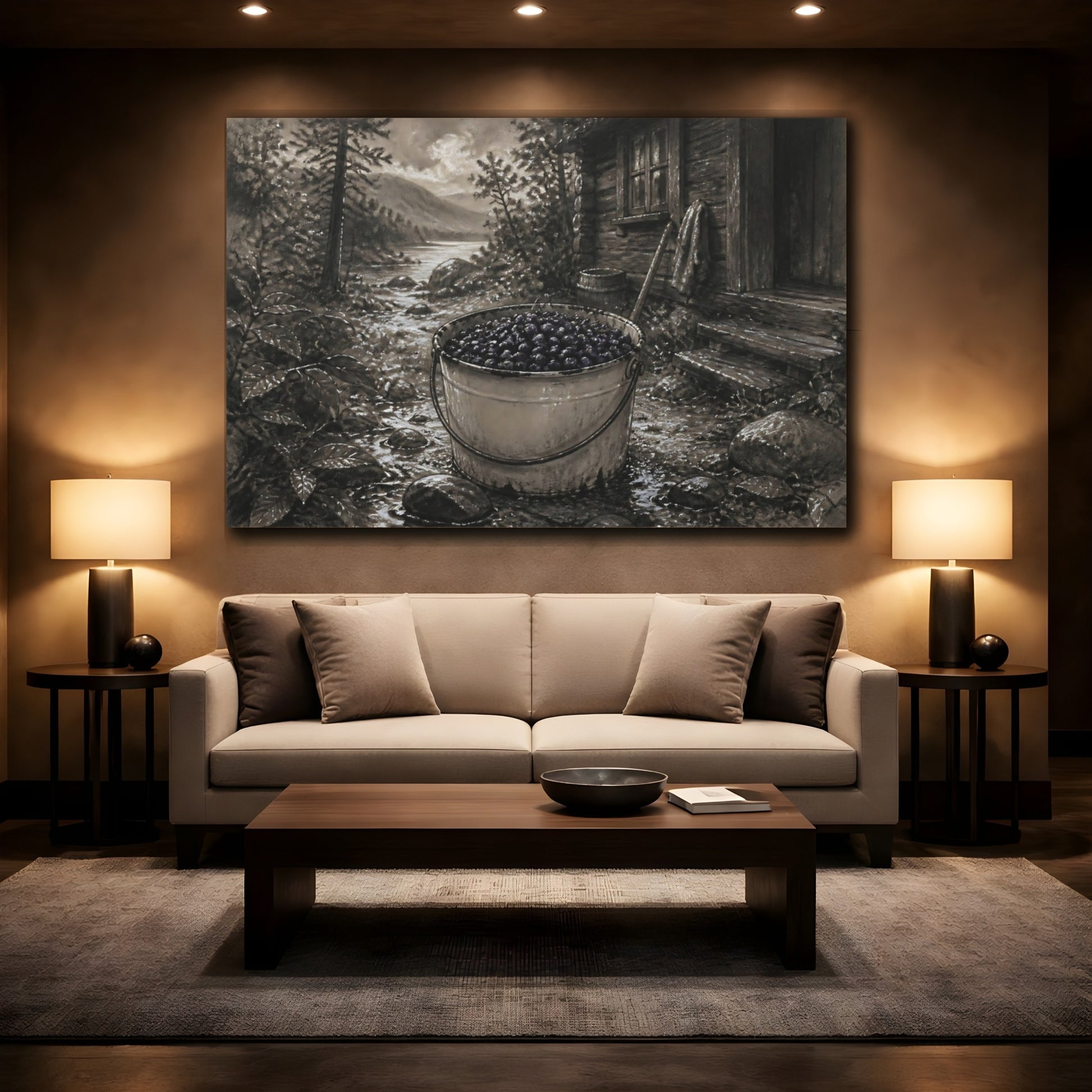 Mockup 2. Bucket Of Huckleberries By Cabin shown as canvas print