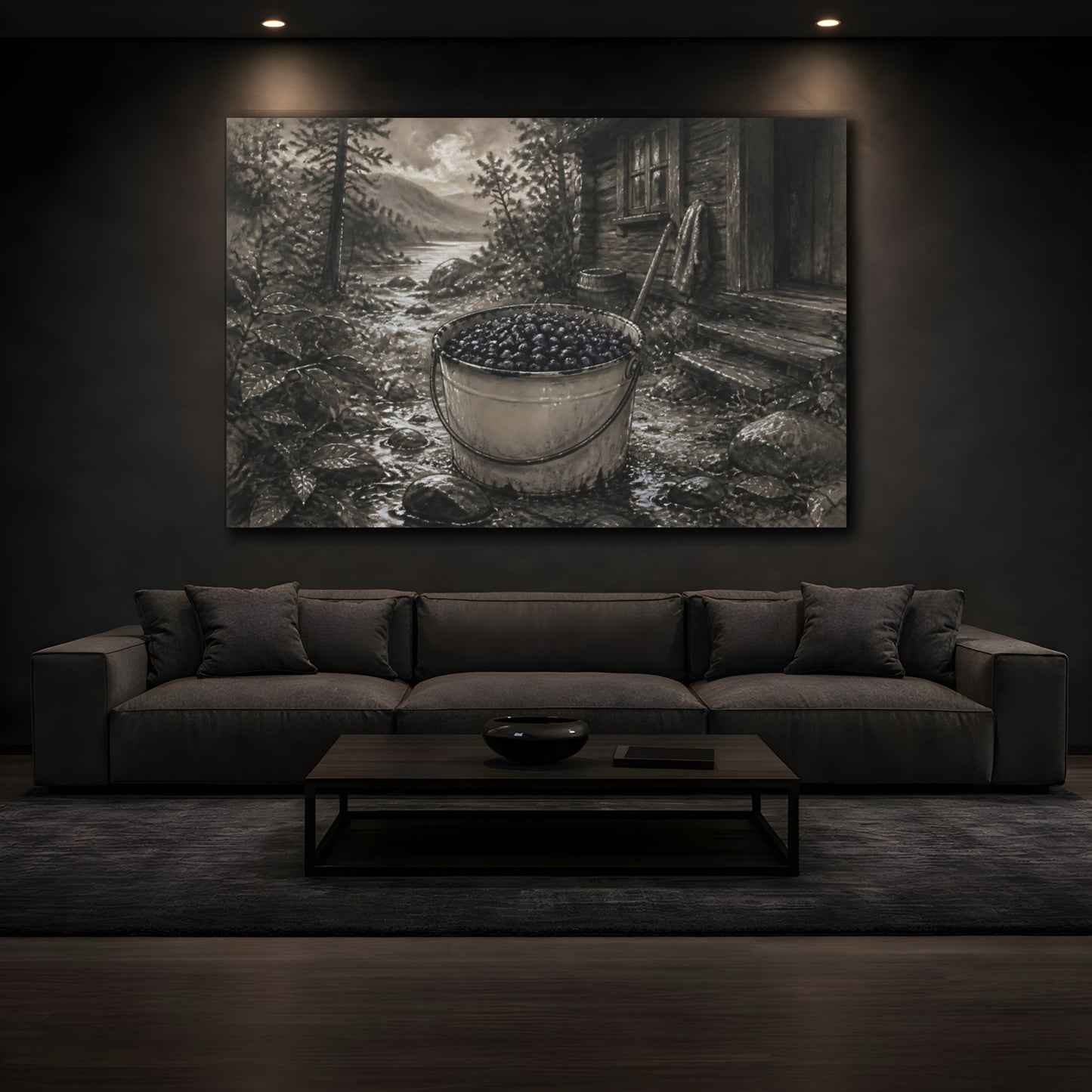 Mockup 3. Bucket Of Huckleberries By Cabin shown as canvas print