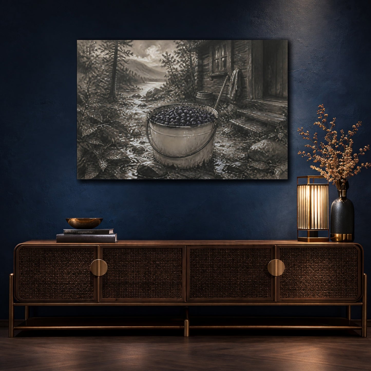 Mockup 4. Bucket Of Huckleberries By Cabin shown as canvas print