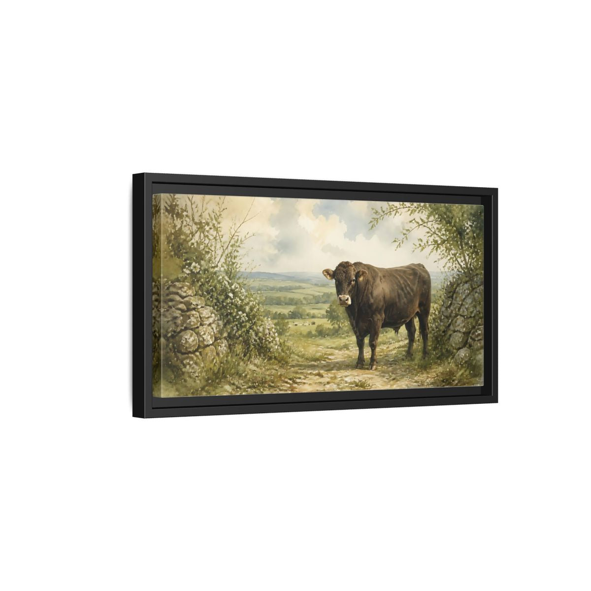 Side Mockup 8. Bull At Country Gate shown as framed canvas print