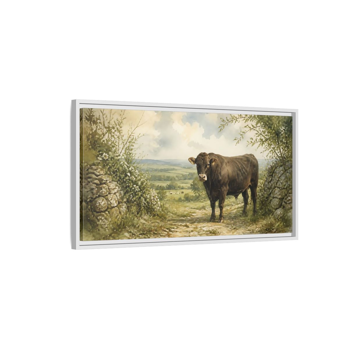 Side Mockup 1. Bull At Country Gate shown as framed canvas print