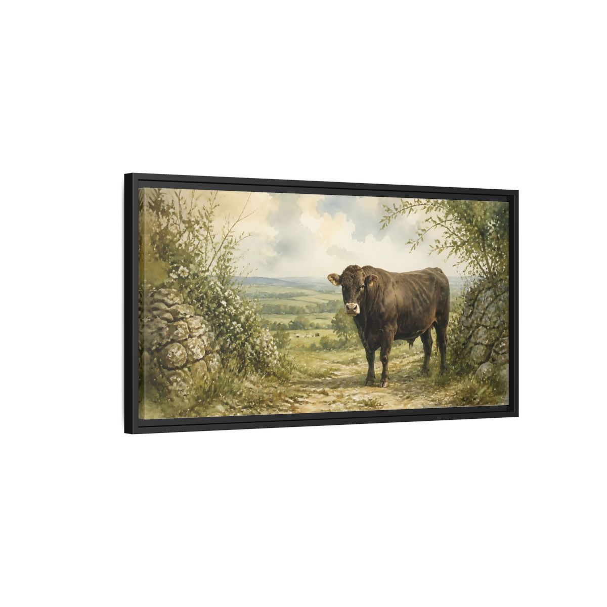 Side Mockup 2. Bull At Country Gate shown as framed canvas print