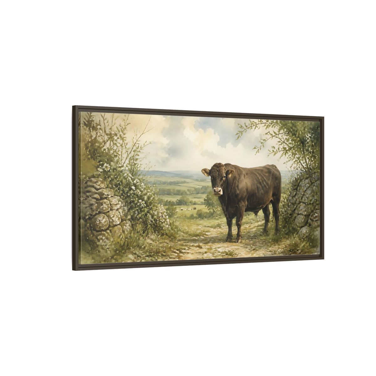 Side Mockup 4. Bull At Country Gate shown as framed canvas print