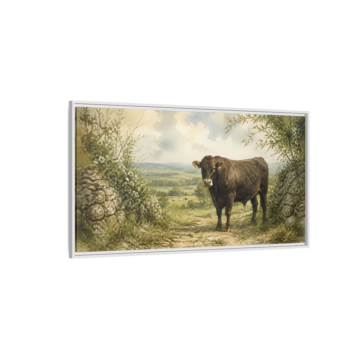 Side Mockup 3. Bull At Country Gate shown as framed canvas print