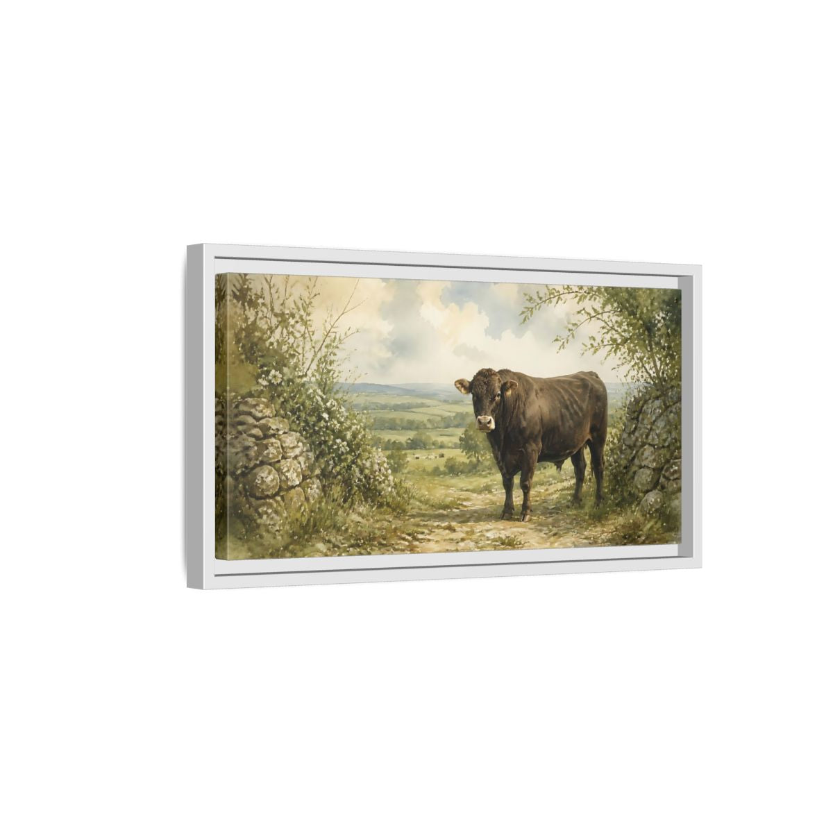 Side Mockup 6. Bull At Country Gate shown as framed canvas print
