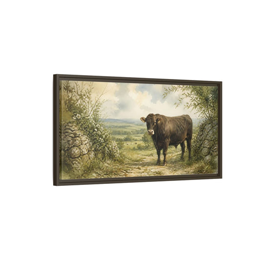 Main Mockup. Bull At Country Gate shown as framed canvas print