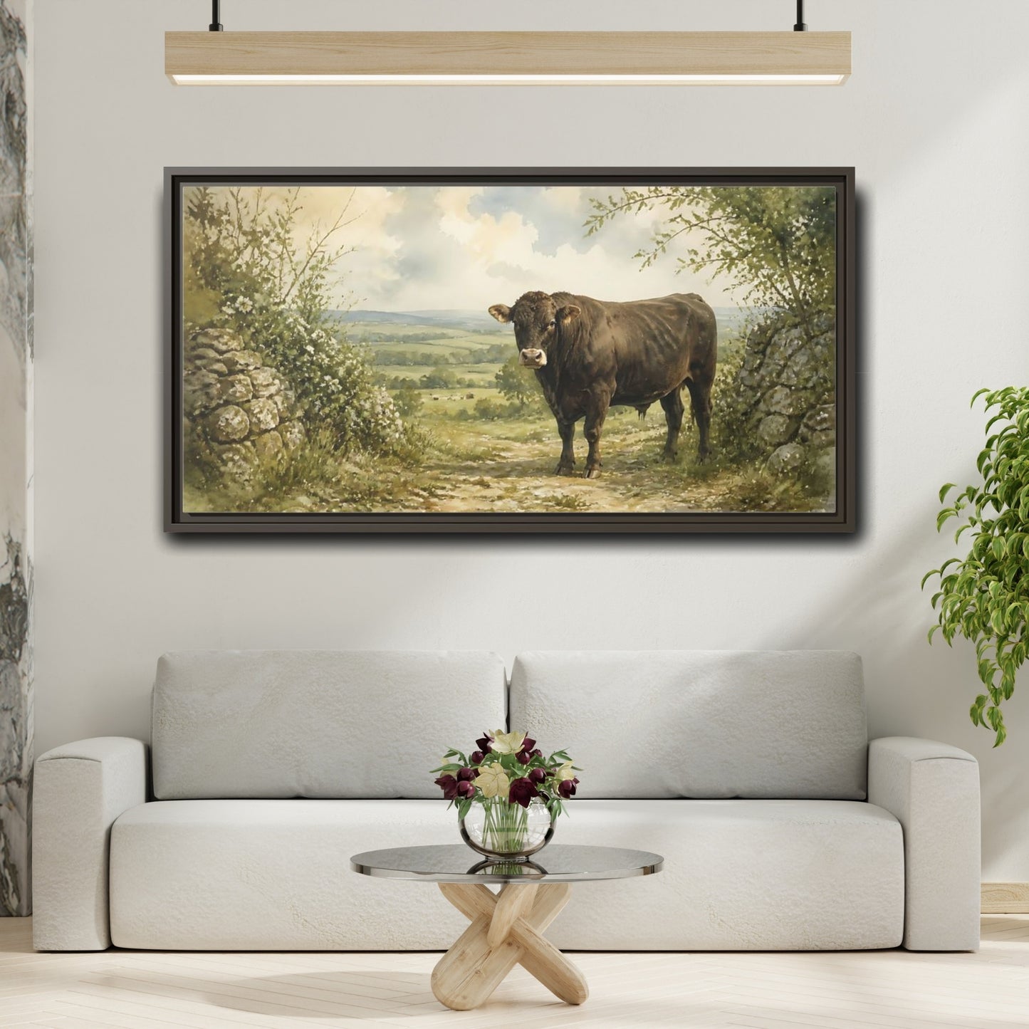 Mockup 2. Bull At Country Gate shown as framed canvas print