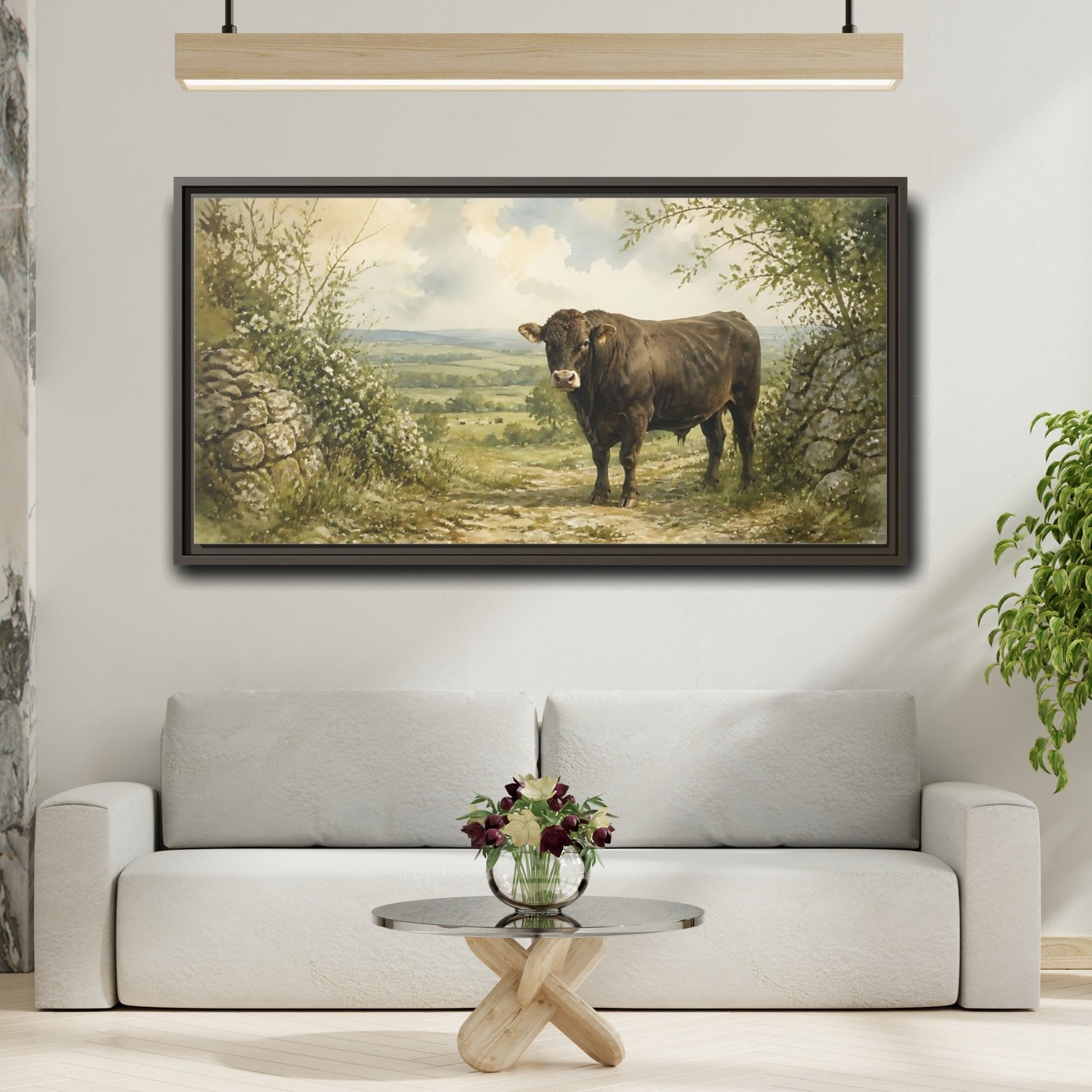 Mockup 2. Bull At Country Gate shown as framed canvas print