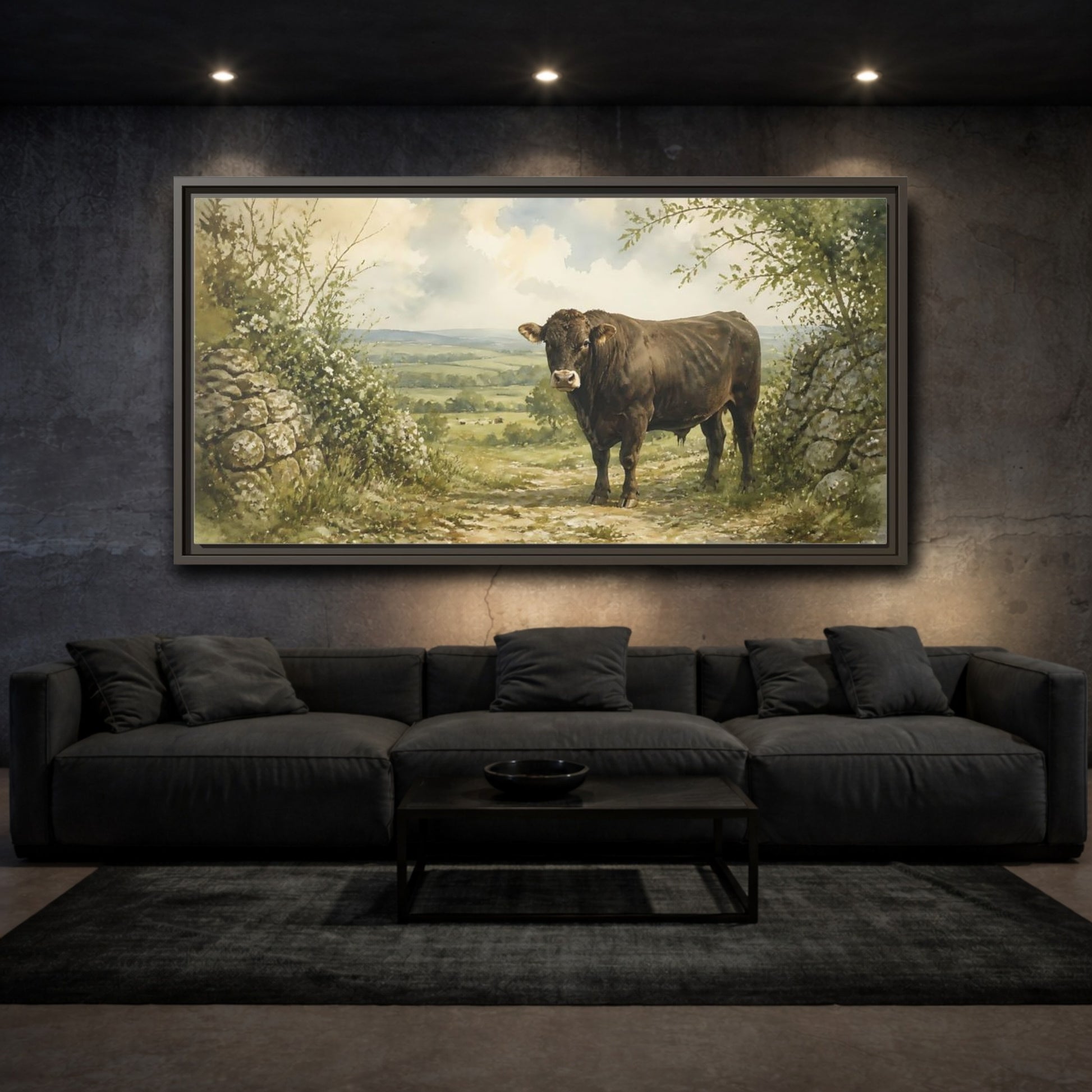 Mockup 3. Bull At Country Gate shown as framed canvas print